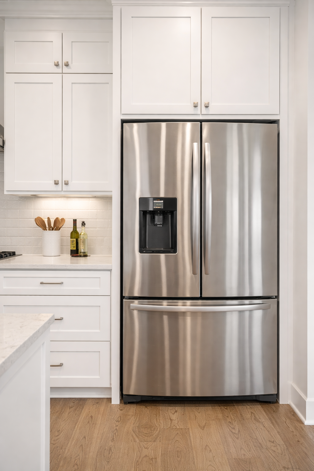 Detail shot of a spotless stainless refrigerator in a clean kitchen