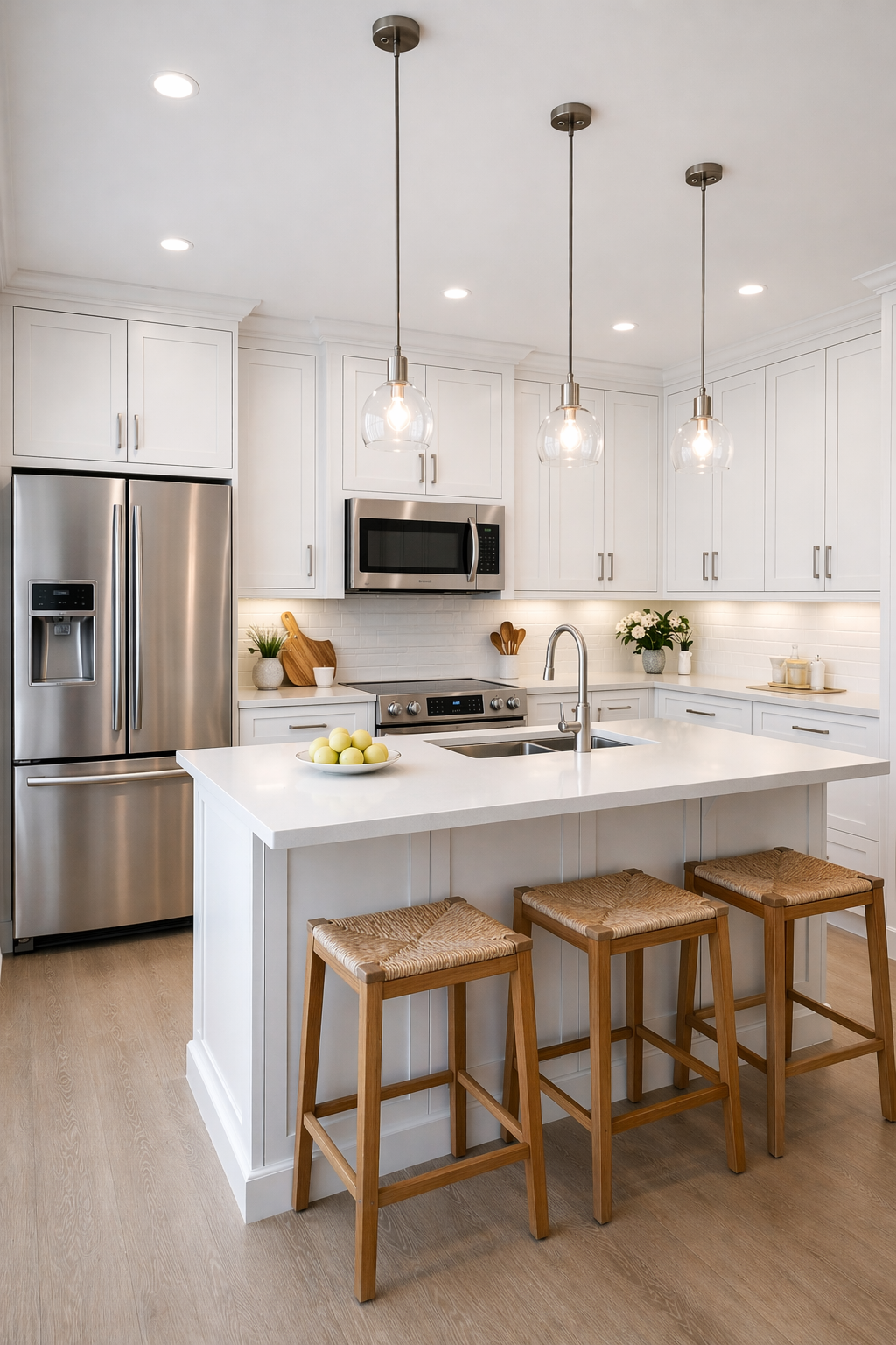 Bright modern kitchen with a spotless island and bar stools
